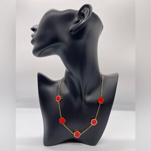 Double sided red/golden clover necklace, 18k gold plated